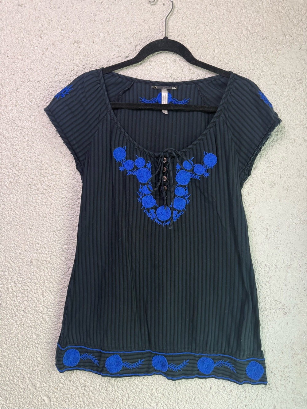 Free People Women's Black Shadow Stripe Top with Blue Embroidery